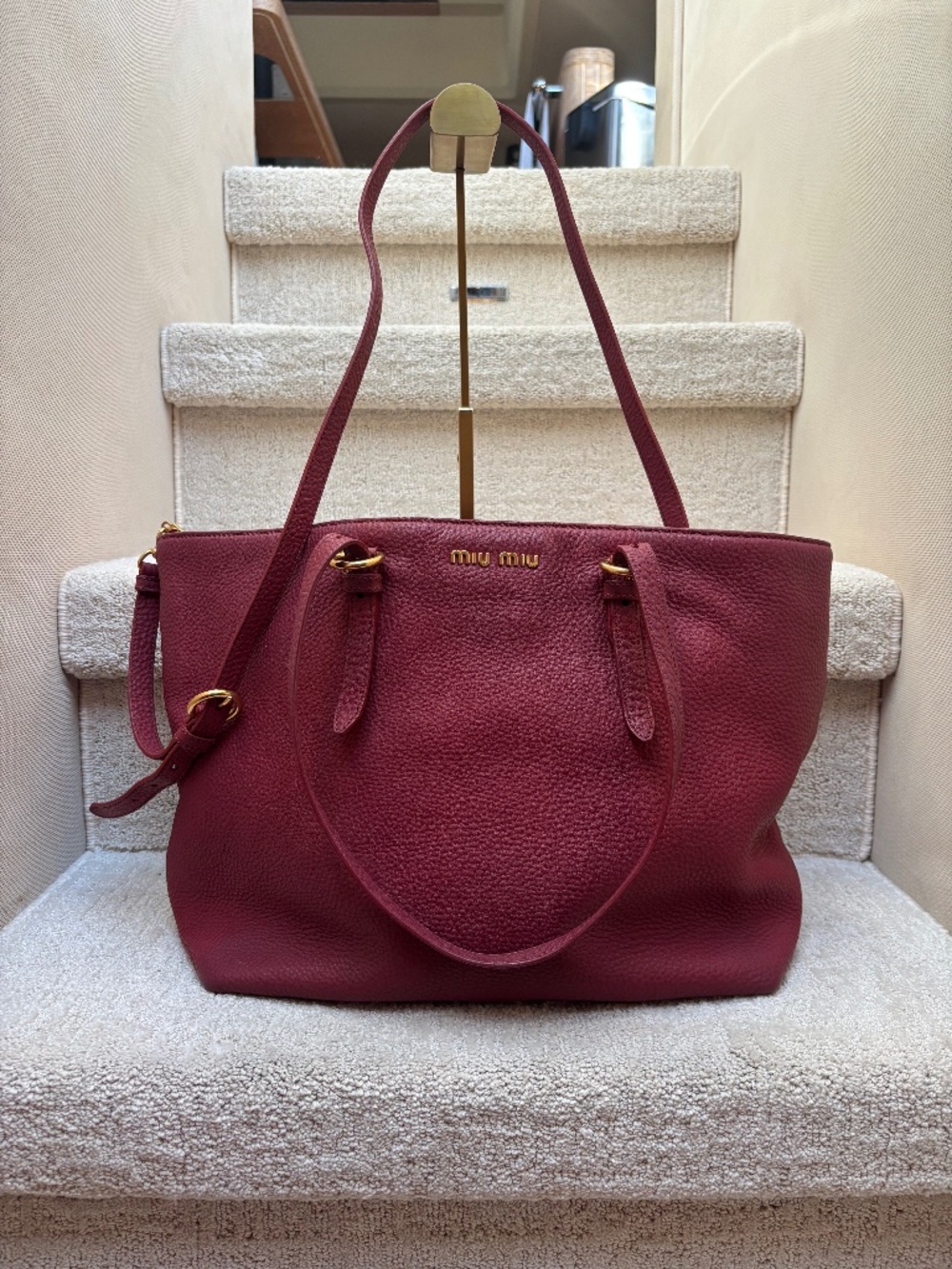 Miu Miu Vitello Danino Burgundy Leather Tote Pre-Owned